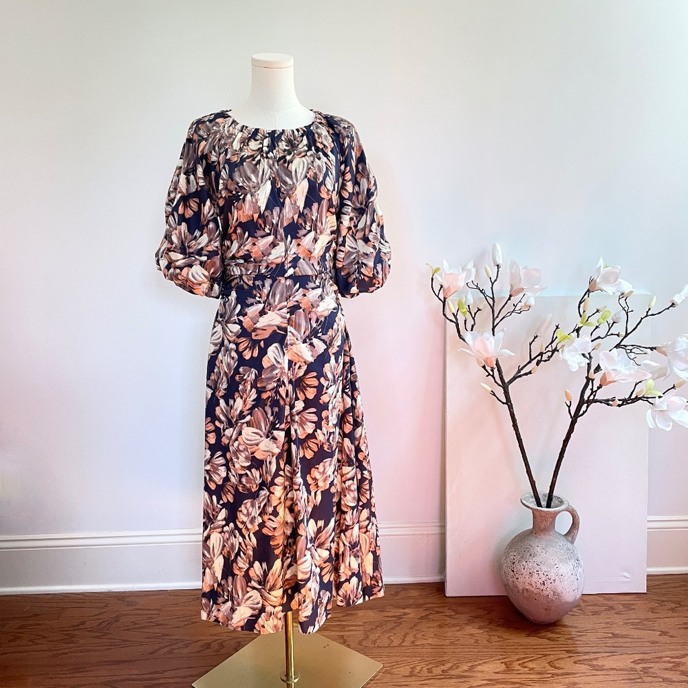 En Saison Floral Midi Dress Small Puff Sleeve Cottagecore Wedding Guest Romantic